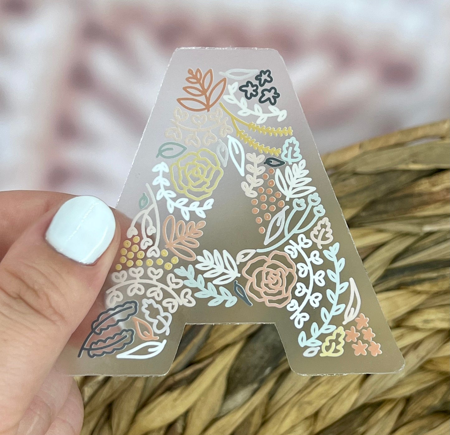 Floral A Sticker. Clear Matte Letter Sticker. Weatherproof Vinyl Sticker.