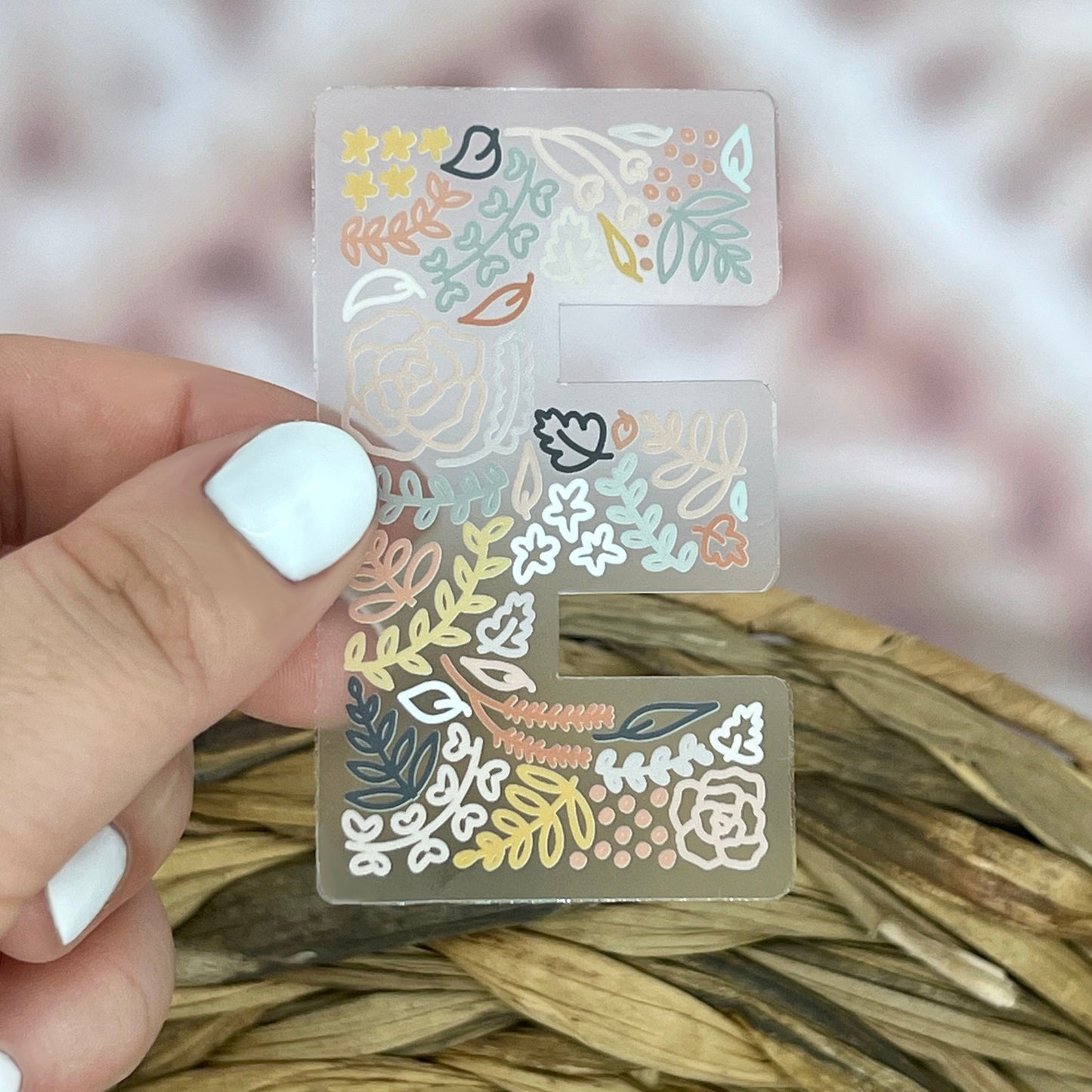 Floral E Sticker. Clear Matte Letter Sticker. Weatherproof Vinyl Sticker.