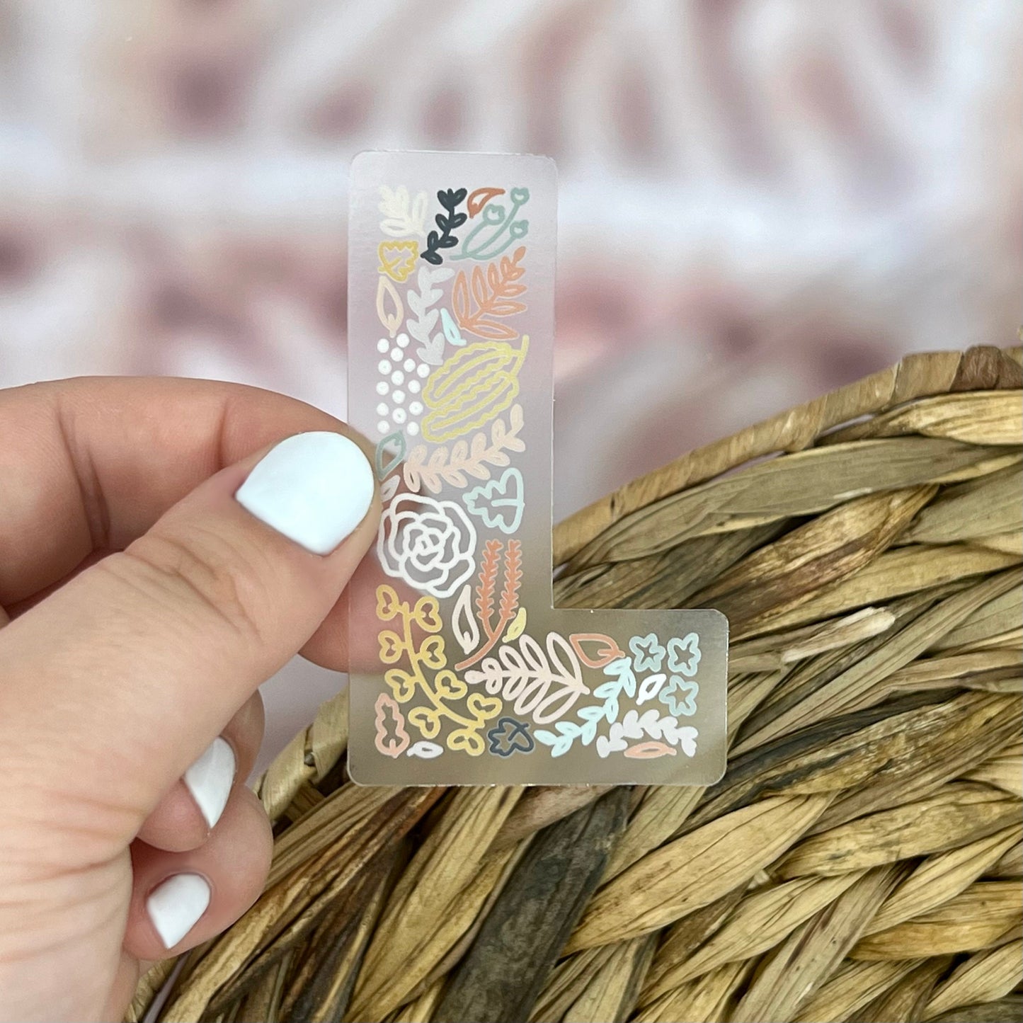 Floral L Sticker. Clear Matte Letter Sticker. Weatherproof Vinyl Sticker.