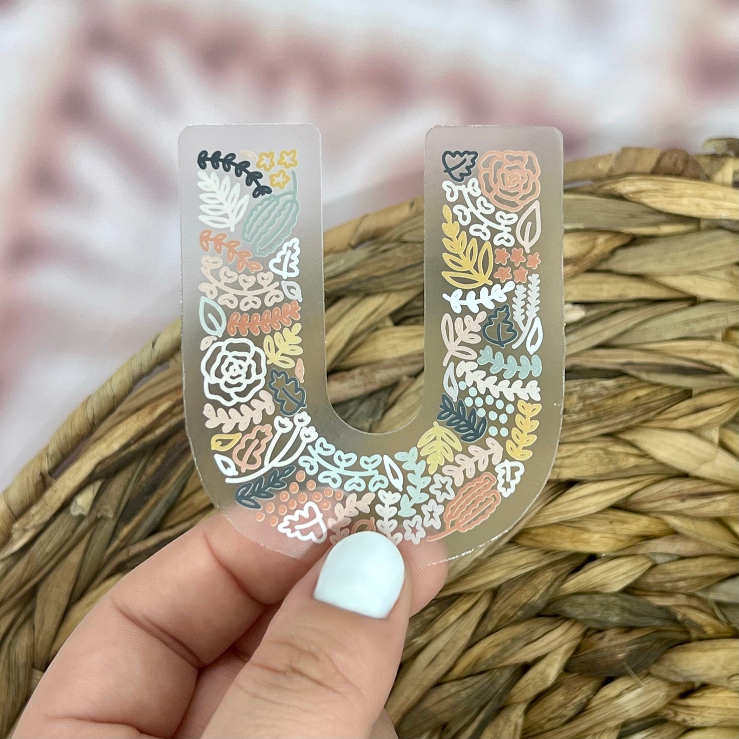 Floral U Sticker. Clear Matte Letter Sticker. Weatherproof Vinyl Sticker.