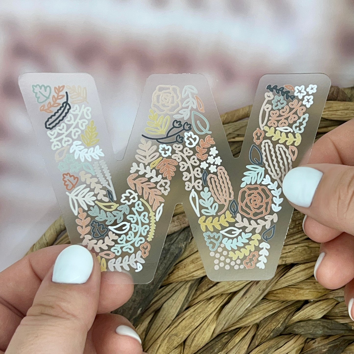 Floral W Sticker. Clear Matte Letter Sticker. Weatherproof Vinyl Sticker.