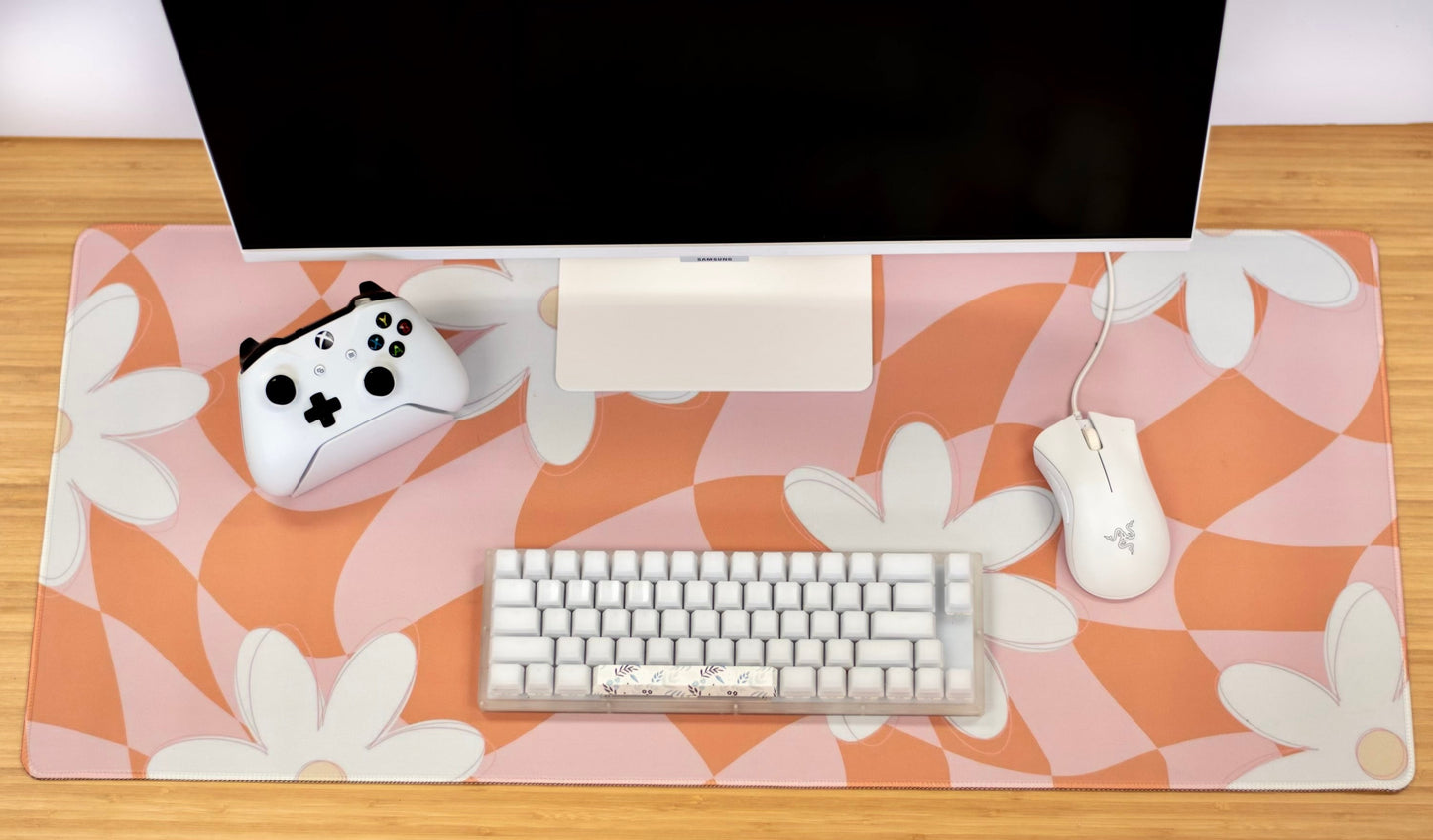 XXL Desk Mat. Retro Pink Floral Mouse Pad. 15.5 x 35 Desk Pad. Floral Office Accessories.