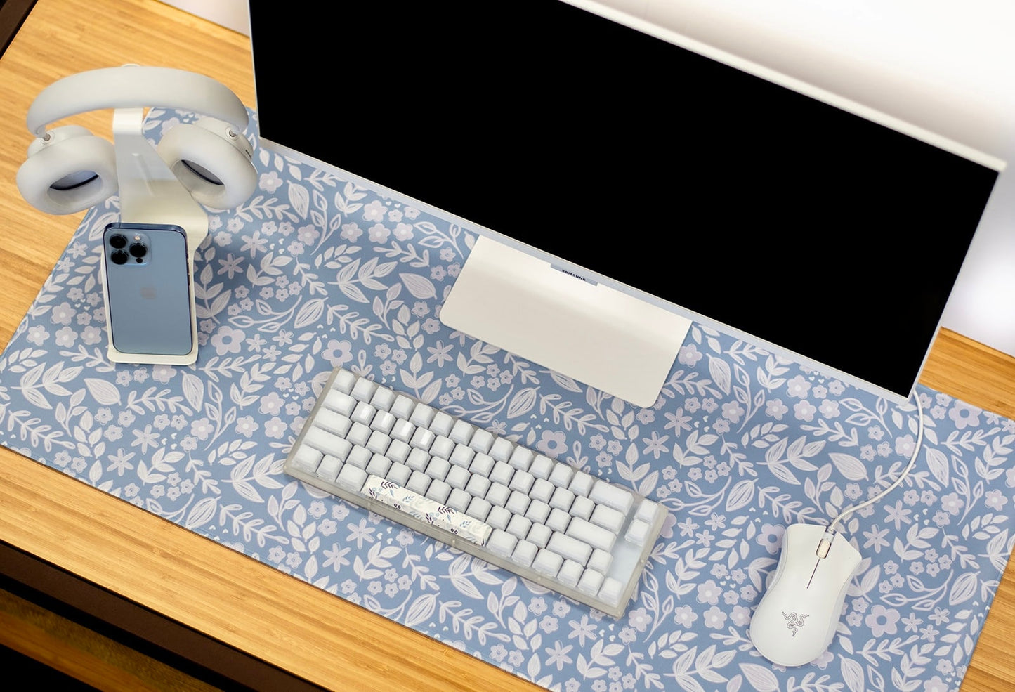 XXL Desk Mat. Periwinkle Blue Floral Mouse Pad. 15.5 x 35 Desk Pad. Floral Office Accessories.
