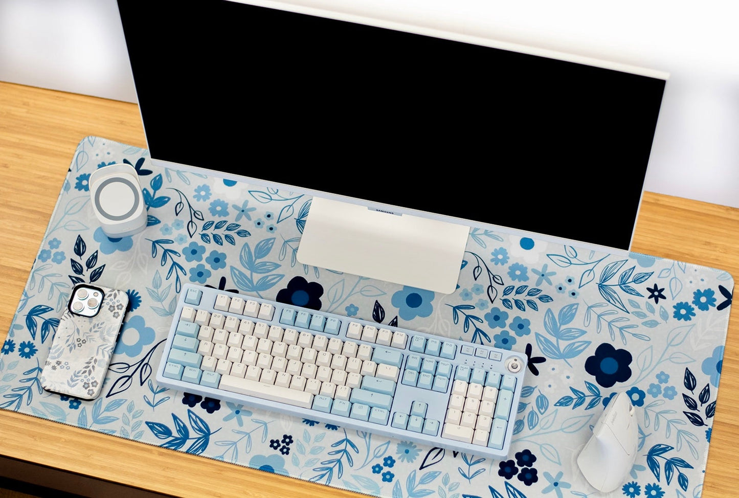 XXL Desk Mat. Nolie Co Blue Floral Mouse Pad. 15.5 x 35 Desk Pad. Floral Office Accessories.