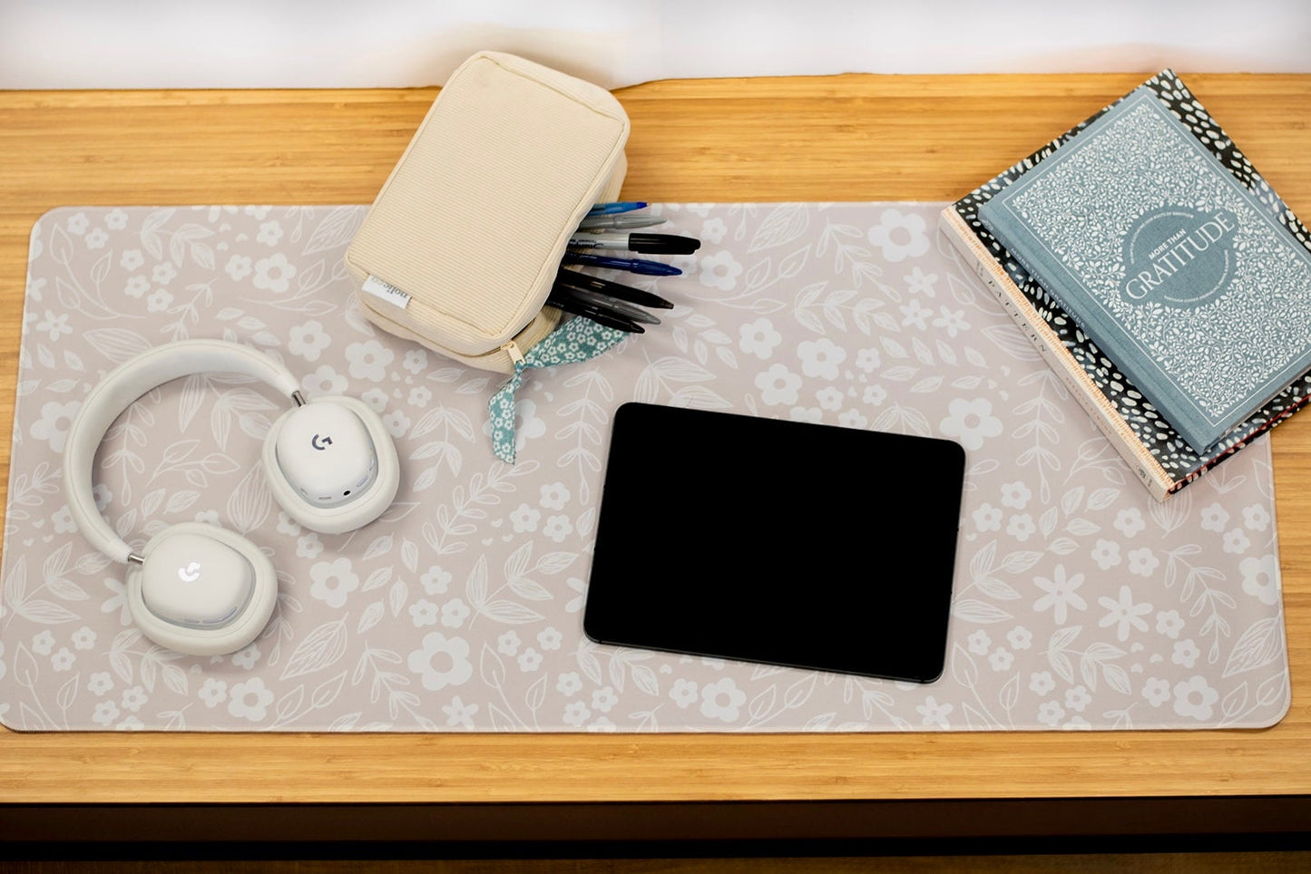 XXL Desk Mat. Beige Floral Mouse Pad. 15.5 x 35 Desk Pad. Floral Office Accessories.