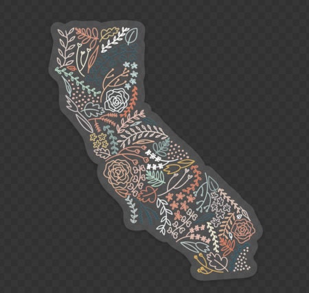Clear California Floral Sticker. Weatherproof State Sticker. Vinyl Matte Sticker.