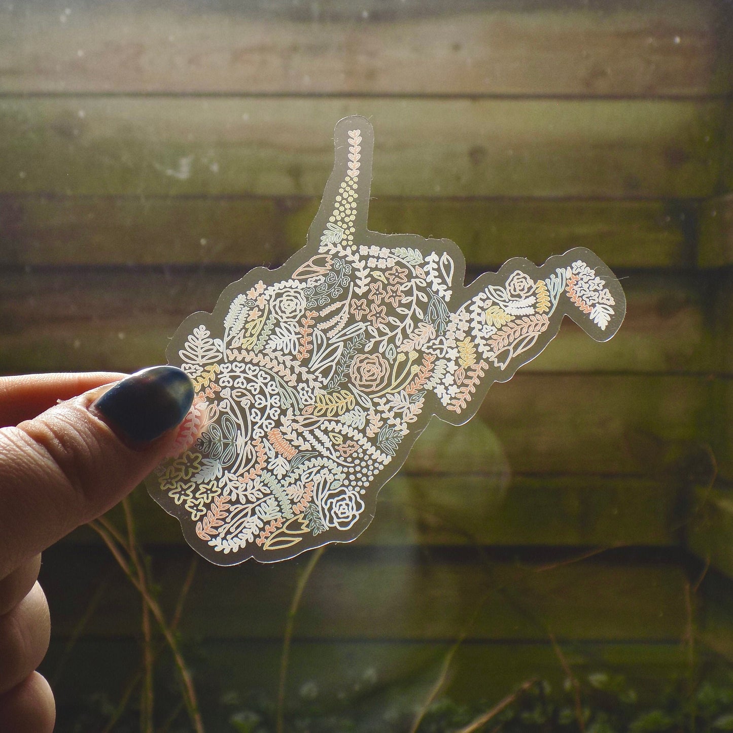 Clear West Virginia Floral Sticker. Weatherproof State Sticker. Vinyl Matte Sticker.
