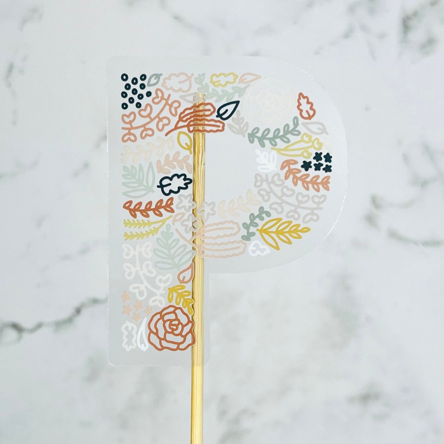 Floral P Sticker. Clear Matte Letter Sticker. Weatherproof Vinyl Sticker.