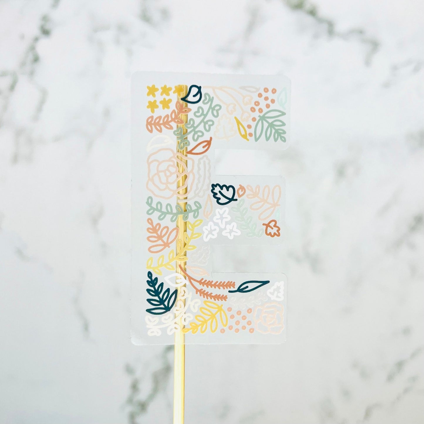 Floral E Sticker. Clear Matte Letter Sticker. Weatherproof Vinyl Sticker.