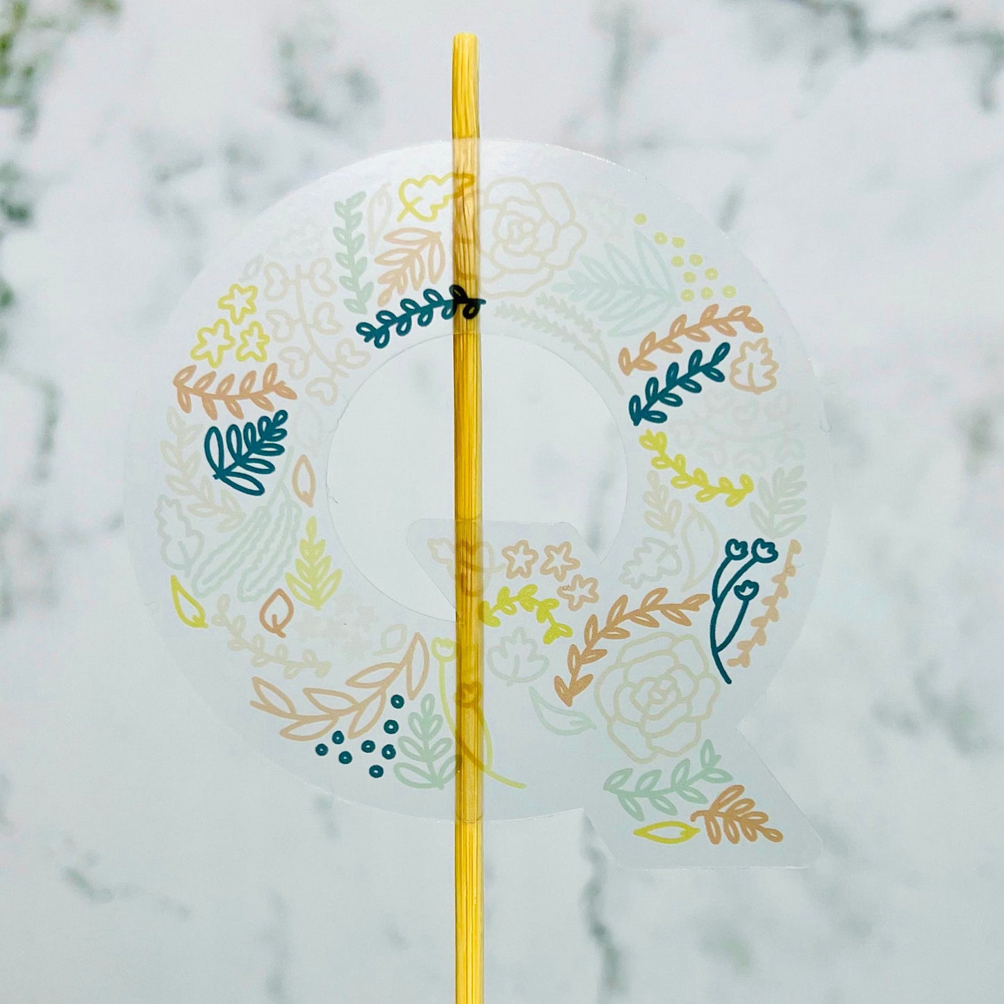 Floral Q Sticker. Clear Matte Letter Sticker. Weatherproof Vinyl Sticker.