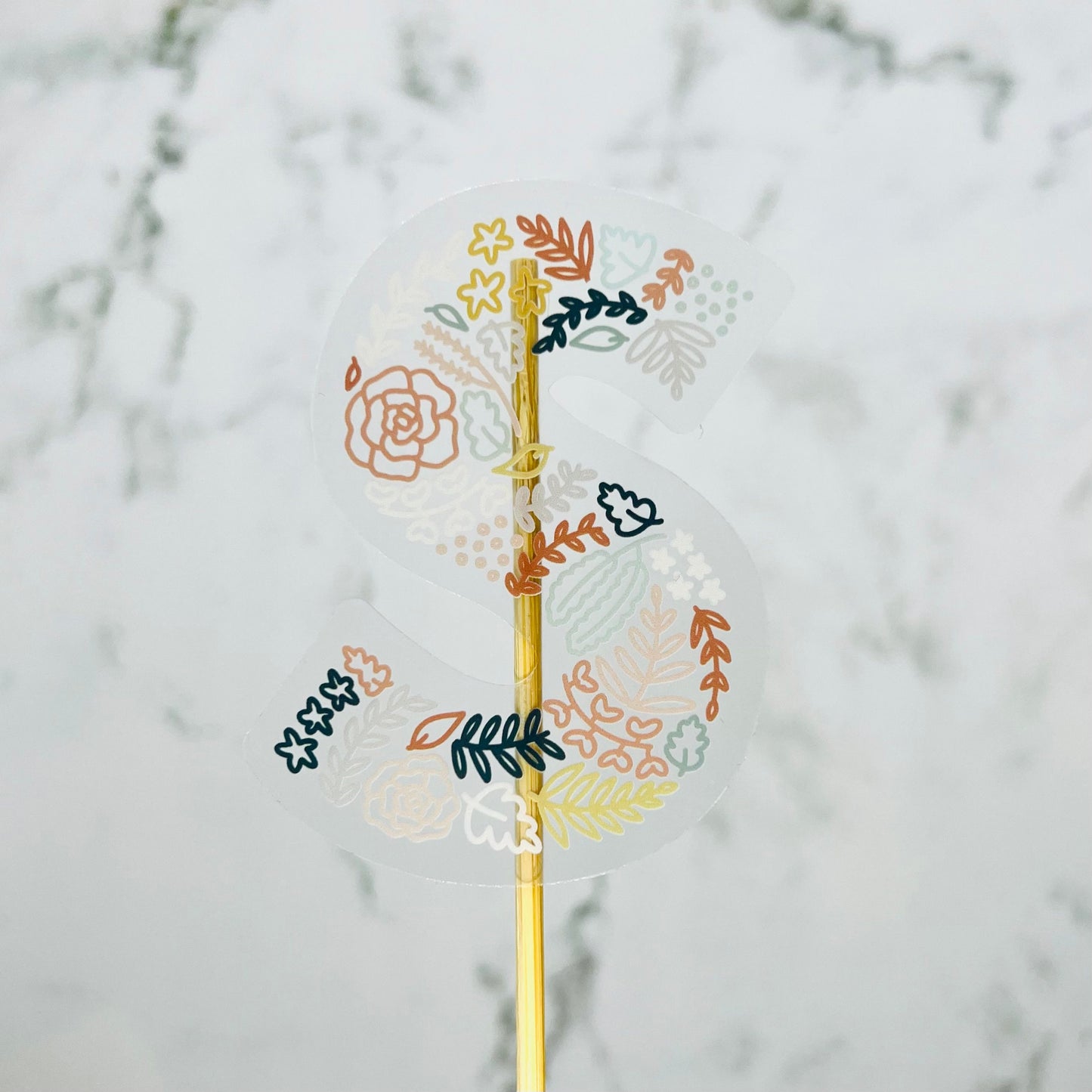 Floral S Sticker. Clear Matte Letter Sticker. Weatherproof Vinyl Sticker.