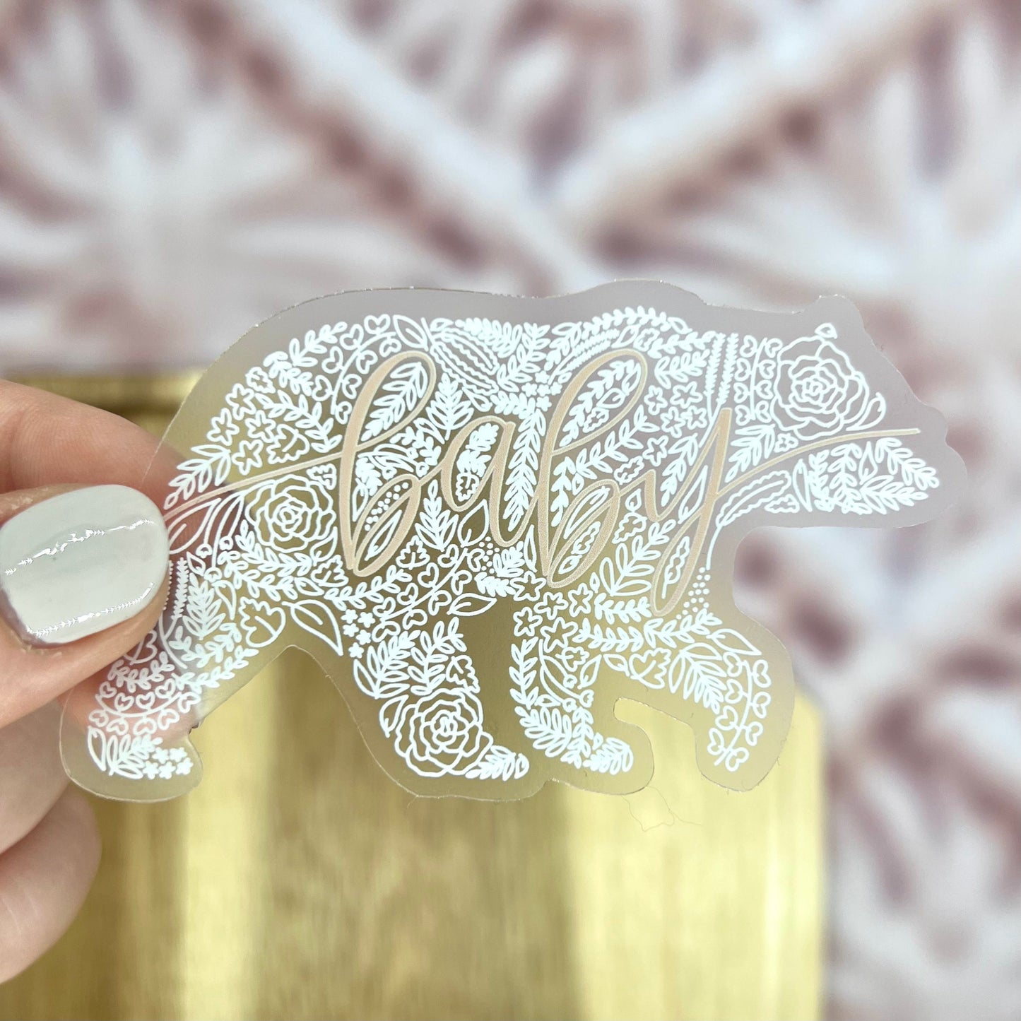 Clear Baby Bear Floral Sticker. Weatherproof Sticker. Vinyl Matte Sticker.