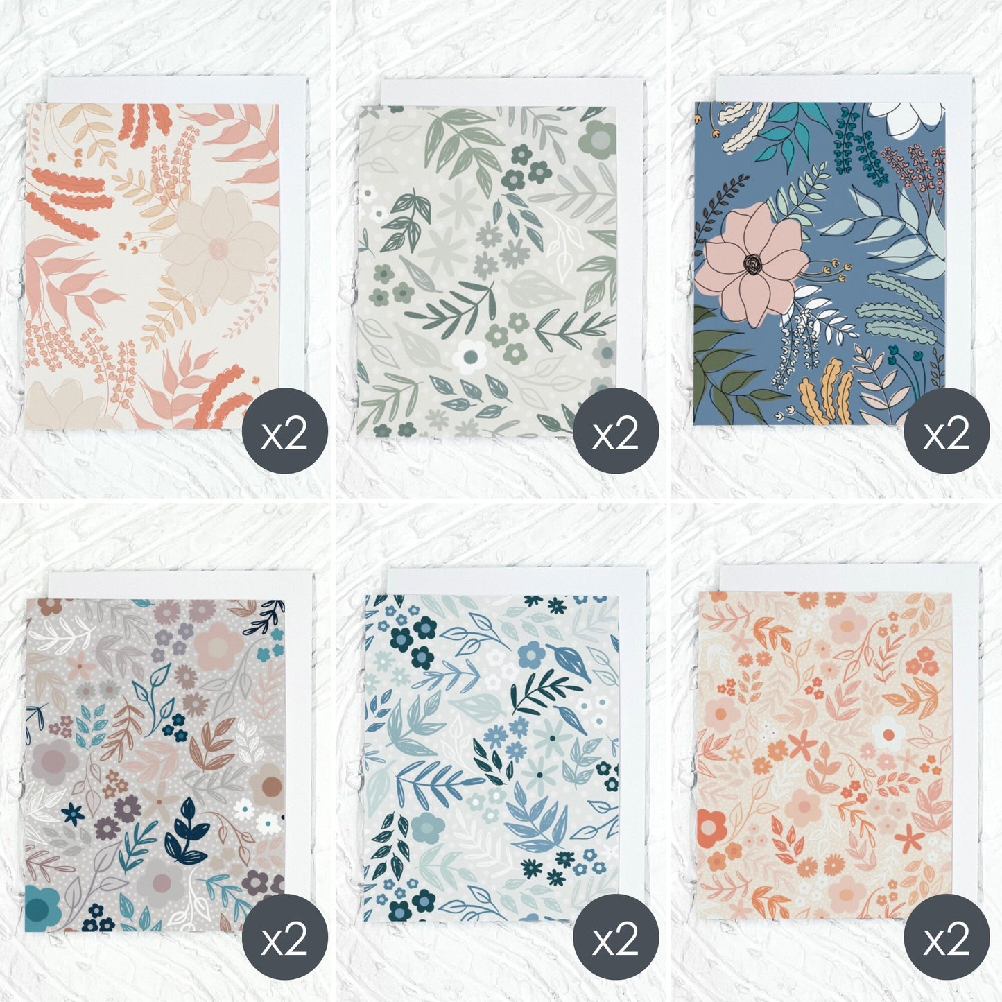 Floral Greeting Card Set. 12 Cards + 12 envelopes. Blank Greeting Card. A2 Greeting Card. Card with Envelope. Light Blue Card.