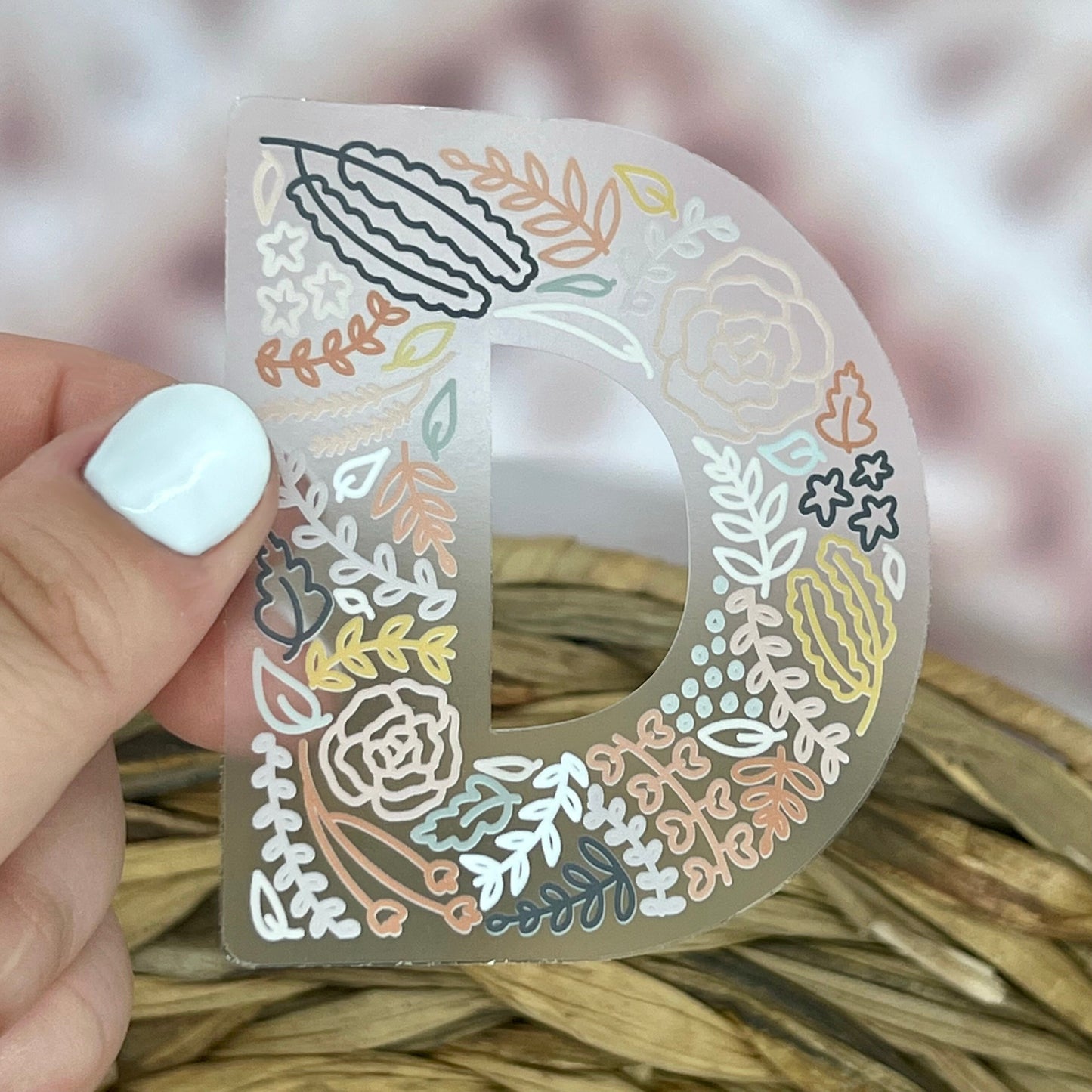 Floral D Sticker. Clear Matte Letter Sticker. Weatherproof Vinyl Sticker.