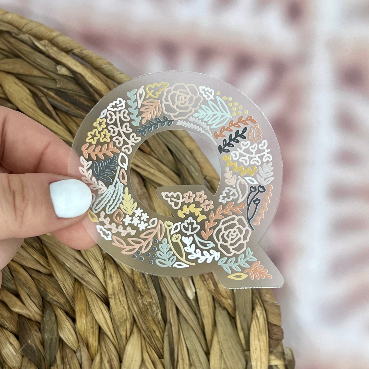 Floral Q Sticker. Clear Matte Letter Sticker. Weatherproof Vinyl Sticker.