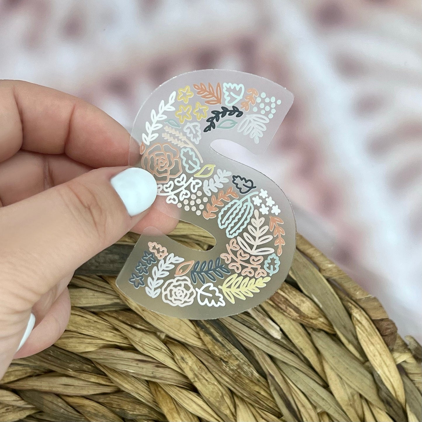 Floral S Sticker. Clear Matte Letter Sticker. Weatherproof Vinyl Sticker.
