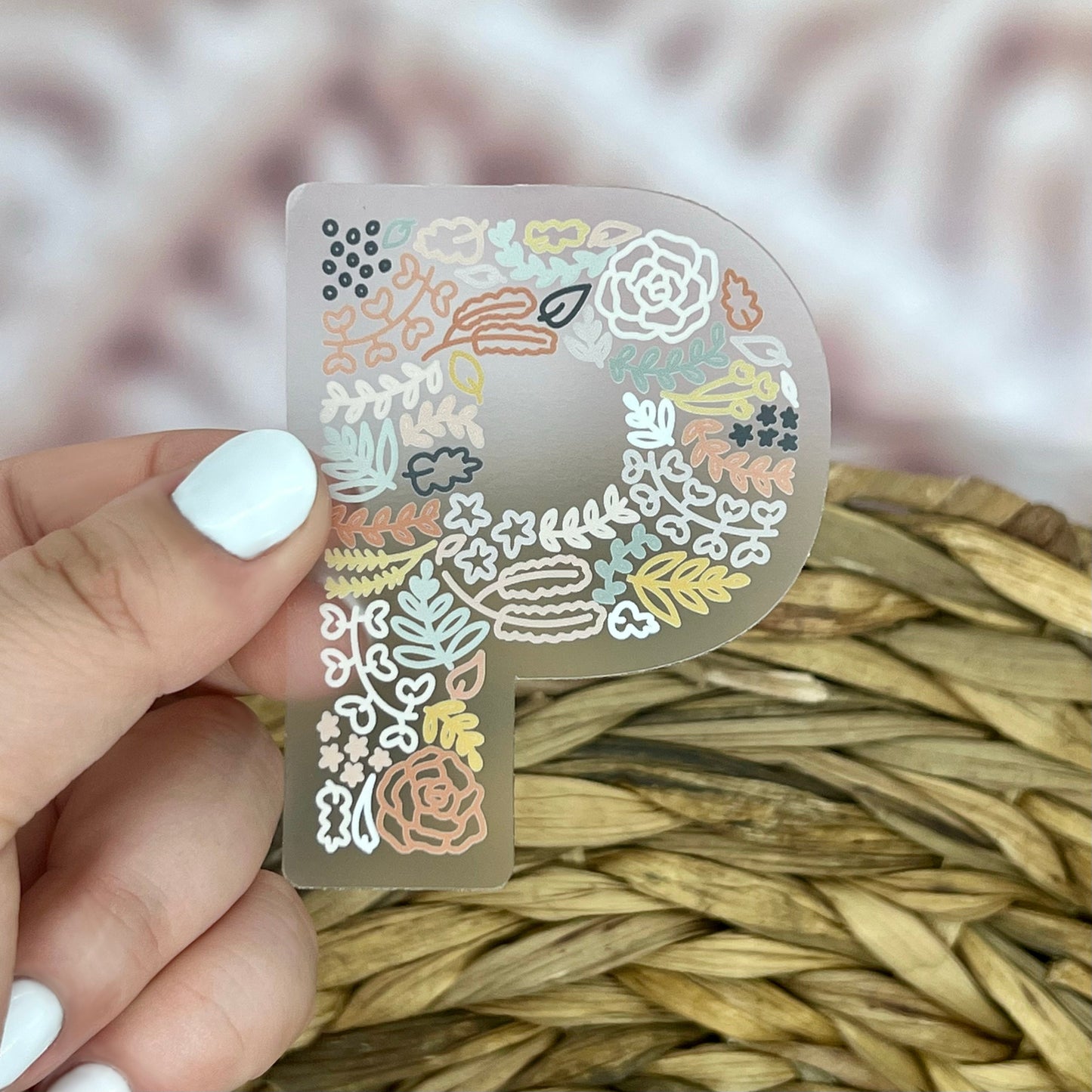 Floral P Sticker. Clear Matte Letter Sticker. Weatherproof Vinyl Sticker.