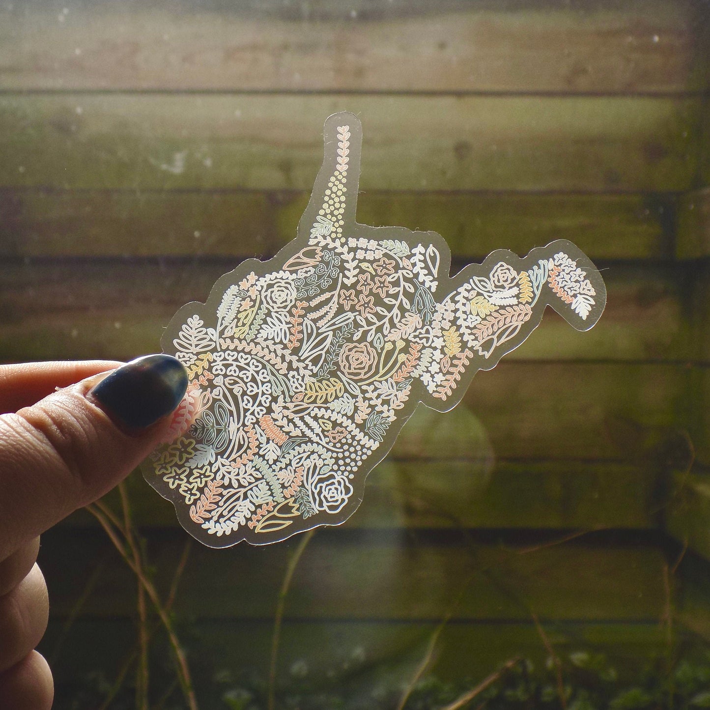 Clear West Virginia Floral Sticker. Weatherproof State Sticker. Vinyl Matte Sticker.