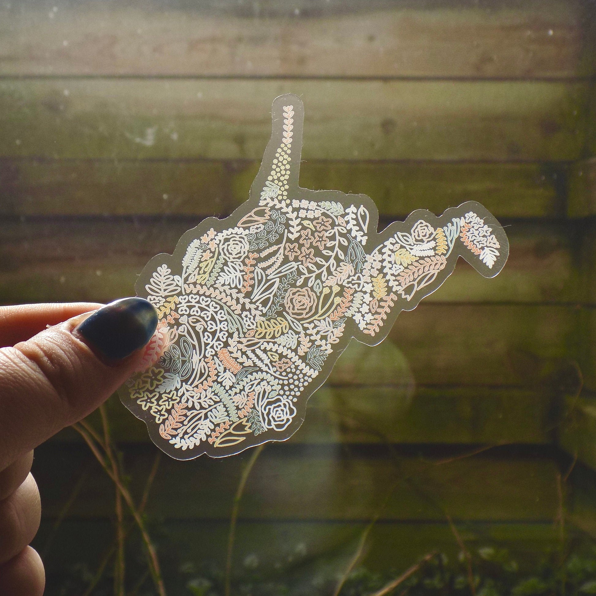 Clear West Virginia Floral Sticker. Weatherproof State Sticker. Vinyl Matte Sticker.