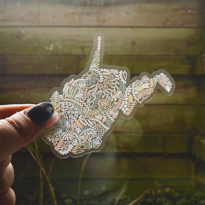 Clear West Virginia Floral Sticker. Weatherproof State Sticker. Vinyl Matte Sticker.