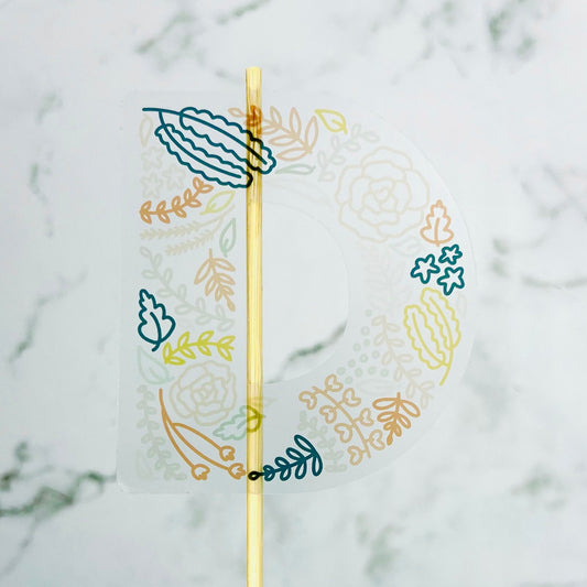 Floral D Sticker. Clear Matte Letter Sticker. Weatherproof Vinyl Sticker.