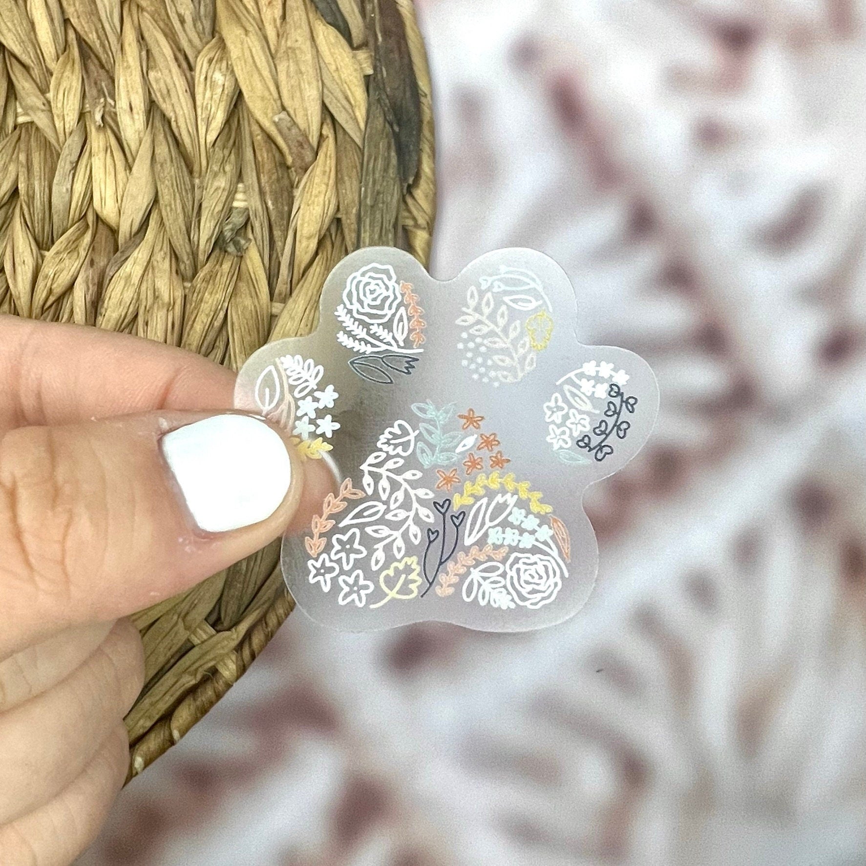 Colorful Paw Print Sticker. Clear Matte Weatherproof Sticker. Floral Vinyl Sticker.