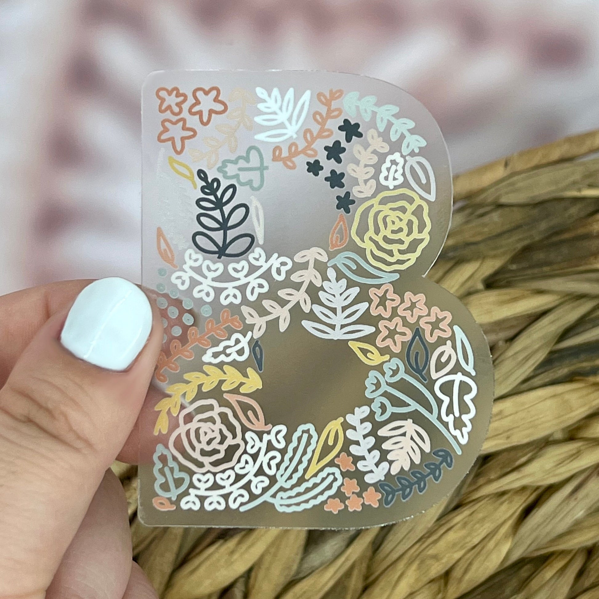 Floral B Sticker. Clear Matte Letter Sticker. Weatherproof Vinyl Sticker.