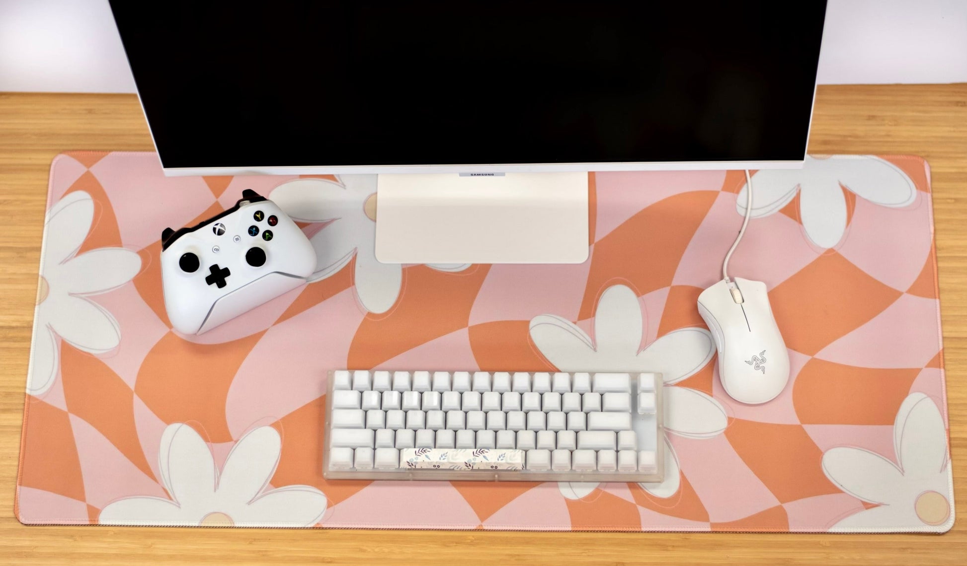 XXL Desk Mat. Retro Pink Floral Mouse Pad. 15.5 x 35 Desk Pad. Floral Office Accessories.
