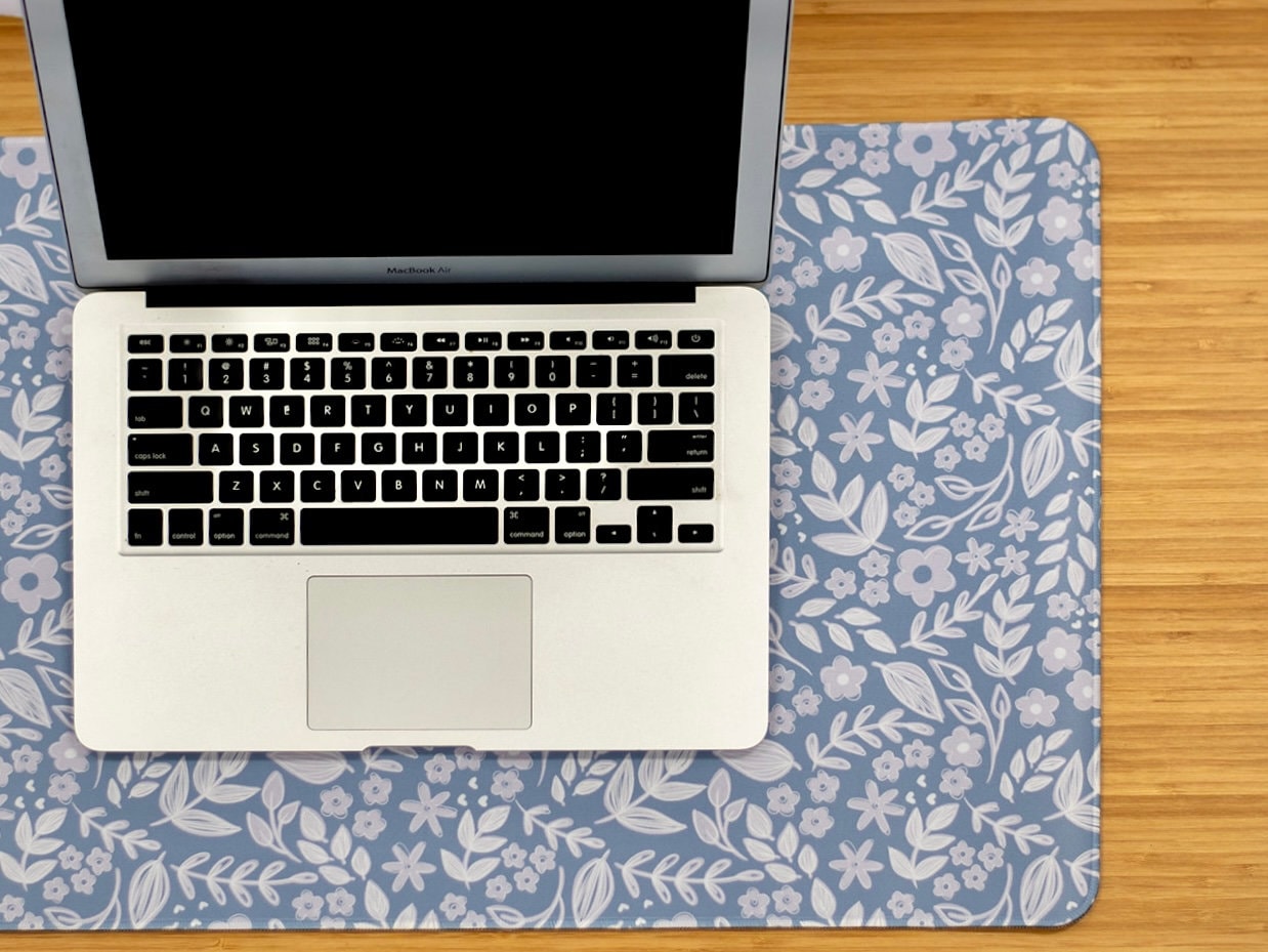 XXL Desk Mat. Periwinkle Blue Floral Mouse Pad. 15.5 x 35 Desk Pad. Floral Office Accessories.