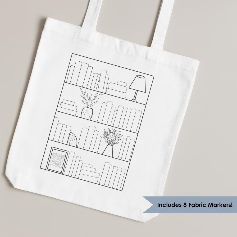 Color Your Own Tote Bag. Bookshelf Canvas Bag. Fabric Markers and Bag. Reader, Book Lover, Bookshelf Gift Ideas