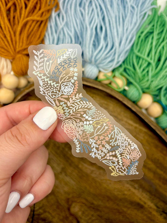 Clear California Floral Sticker. Weatherproof State Sticker. Vinyl Matte Sticker.