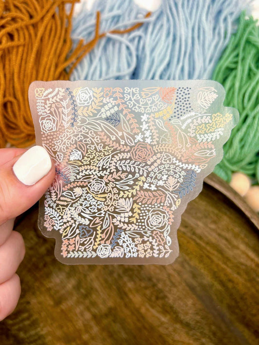 Clear Arkansas Floral Sticker. Weatherproof State Sticker. Vinyl Matte Sticker.