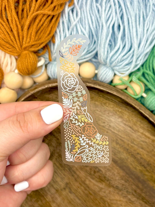 Clear Delaware Floral Sticker. Weatherproof State Sticker. Vinyl Matte Sticker.