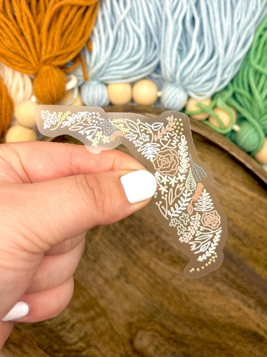 Clear Florida Floral Sticker. Weatherproof State Sticker. Vinyl Matte Sticker.