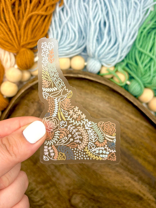 Clear Idaho Floral Sticker. Weatherproof State Sticker. Vinyl Matte Sticker.