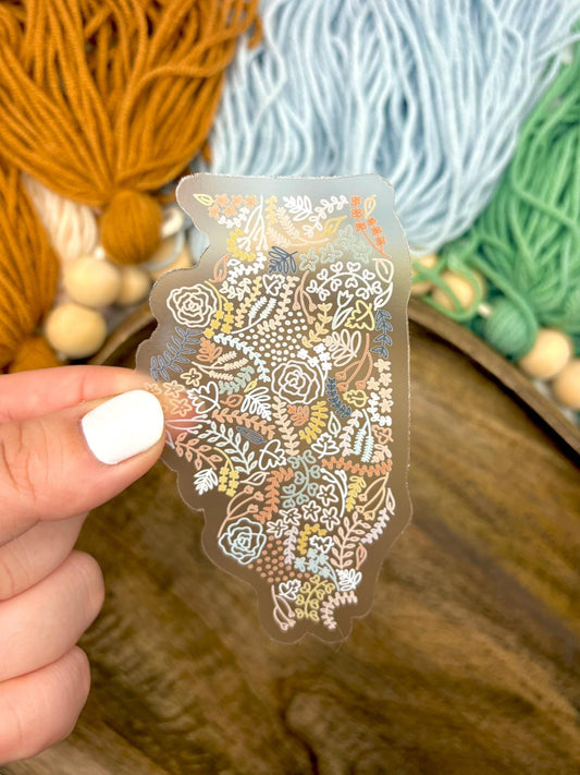 Clear Illinois Floral Sticker. Weatherproof State Sticker. Vinyl Matte Sticker.