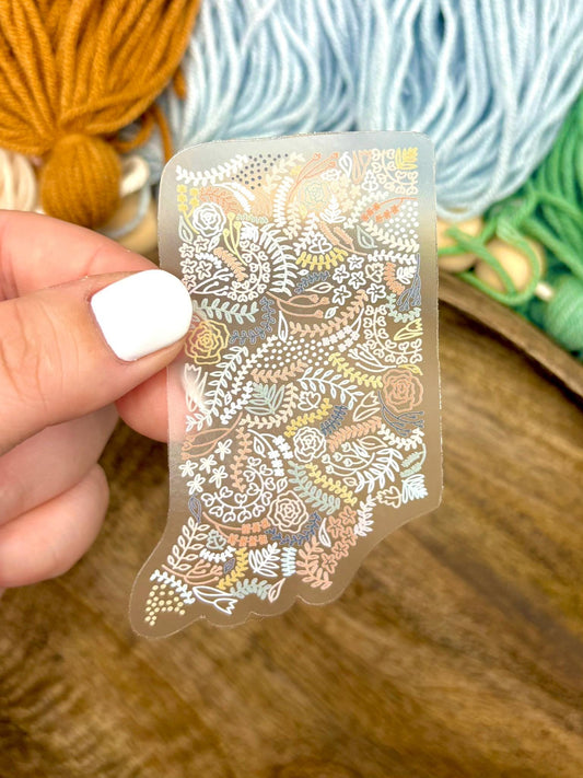 Clear Indiana Floral Sticker. Weatherproof State Sticker. Vinyl Matte Sticker.