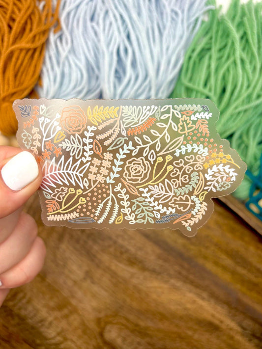 Clear Iowa Floral Sticker. Weatherproof State Sticker. Vinyl Matte Sticker.