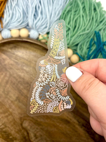 Clear New Hampshire Floral Sticker. Weatherproof State Sticker. Vinyl Matte Sticker.