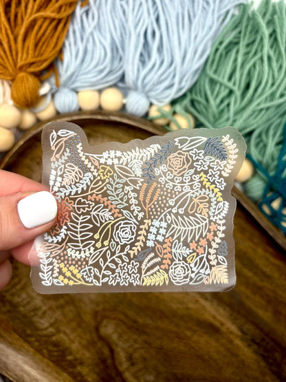 Clear Oregon Floral Sticker. Weatherproof State Sticker. Vinyl Matte Sticker.