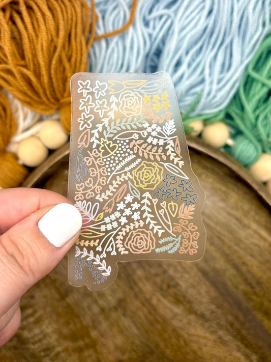 Clear Alabama Floral Sticker. Weatherproof State Sticker. Vinyl Matte Sticker.