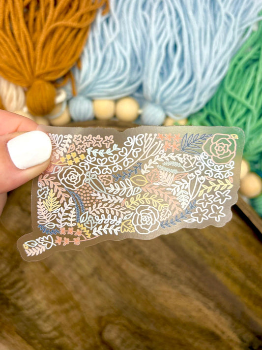 Clear Connecticut Floral Sticker. Weatherproof State Sticker. Vinyl Matte Sticker.