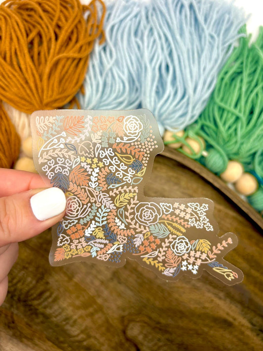 Clear Louisiana Floral Sticker. Weatherproof State Sticker. Vinyl Matte Sticker.