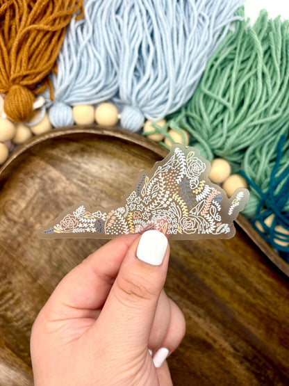 Clear Virginia Floral Sticker. Weatherproof State Sticker. Vinyl Matte Sticker.