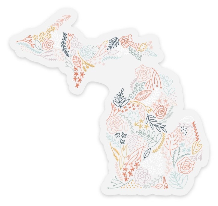 Clear Michigan Floral Sticker. Weatherproof State Sticker. Vinyl Matte Sticker.