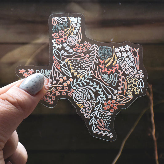 Clear Texas Floral Sticker. Weatherproof State Sticker. Vinyl Matte Sticker.