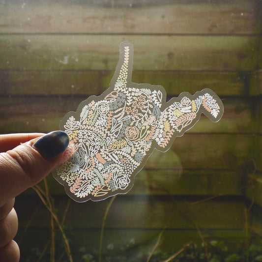 Clear West Virginia Floral Sticker. Weatherproof State Sticker. Vinyl Matte Sticker.