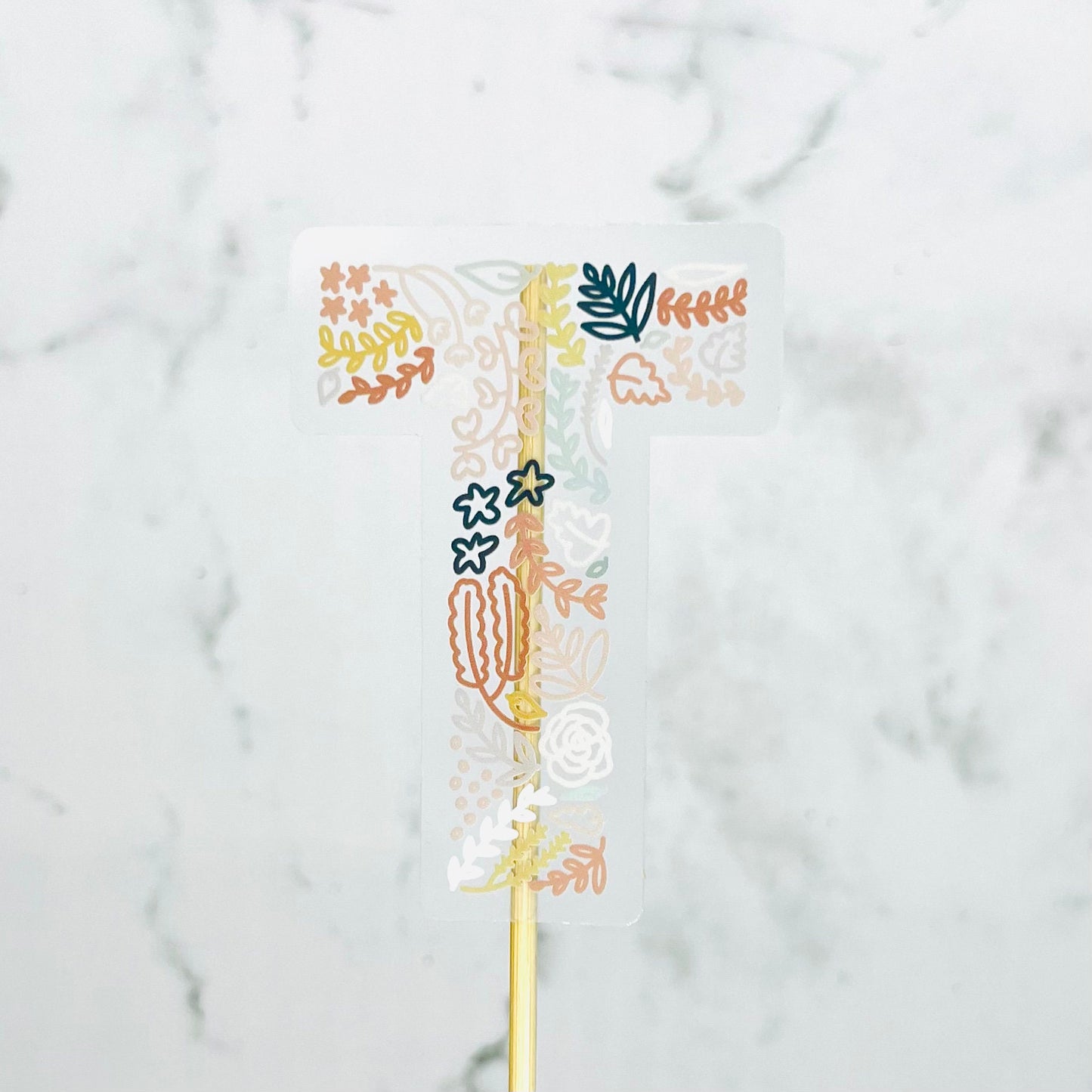 Floral T Sticker. Clear Matte Letter Sticker. Weatherproof Vinyl Sticker.