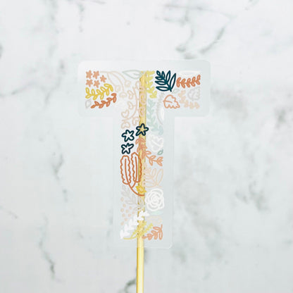 Floral T Sticker. Clear Matte Letter Sticker. Weatherproof Vinyl Sticker.