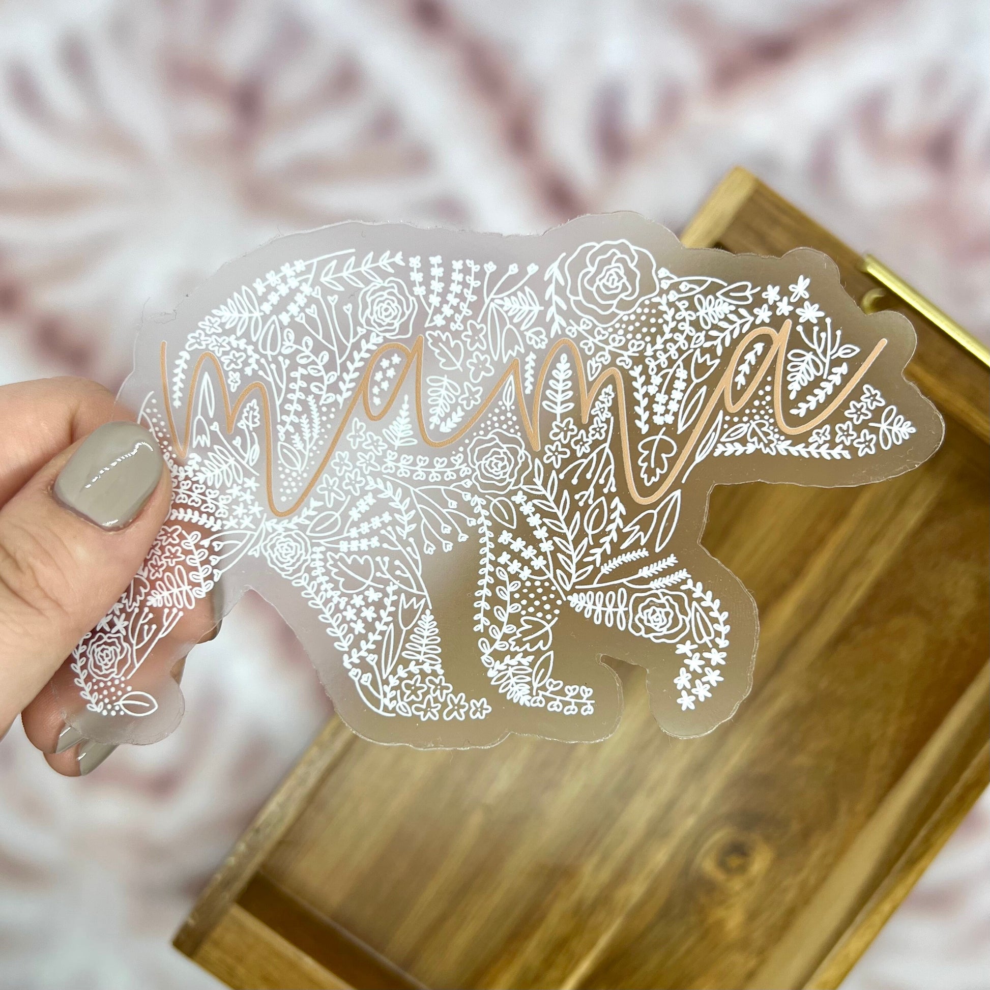 Clear Mama Bear Floral Sticker. Weatherproof Sticker. Vinyl Matte Sticker.